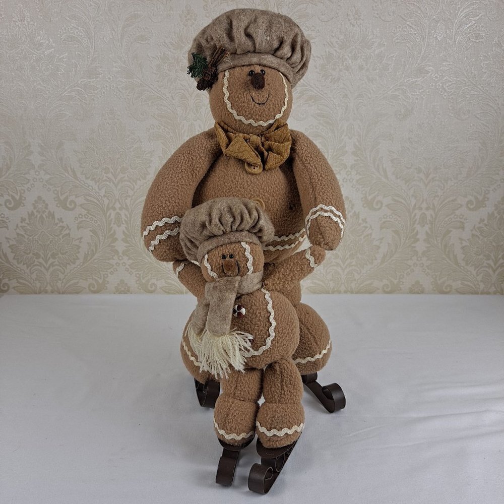 Gingerbread Plush Parent and Child with Metal Ice Skates Free Standing